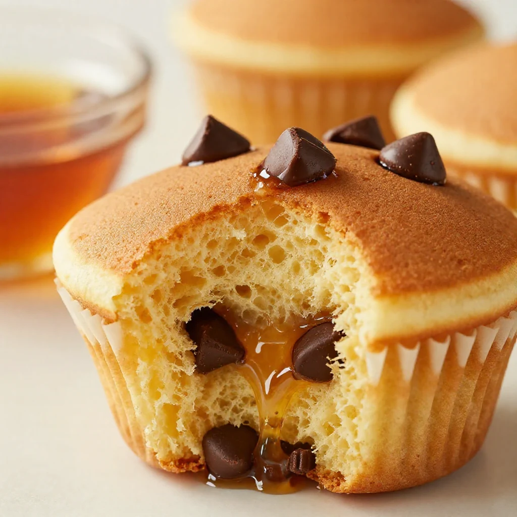 A plate of fluffy pancake muffins topped with syrup and fresh berries