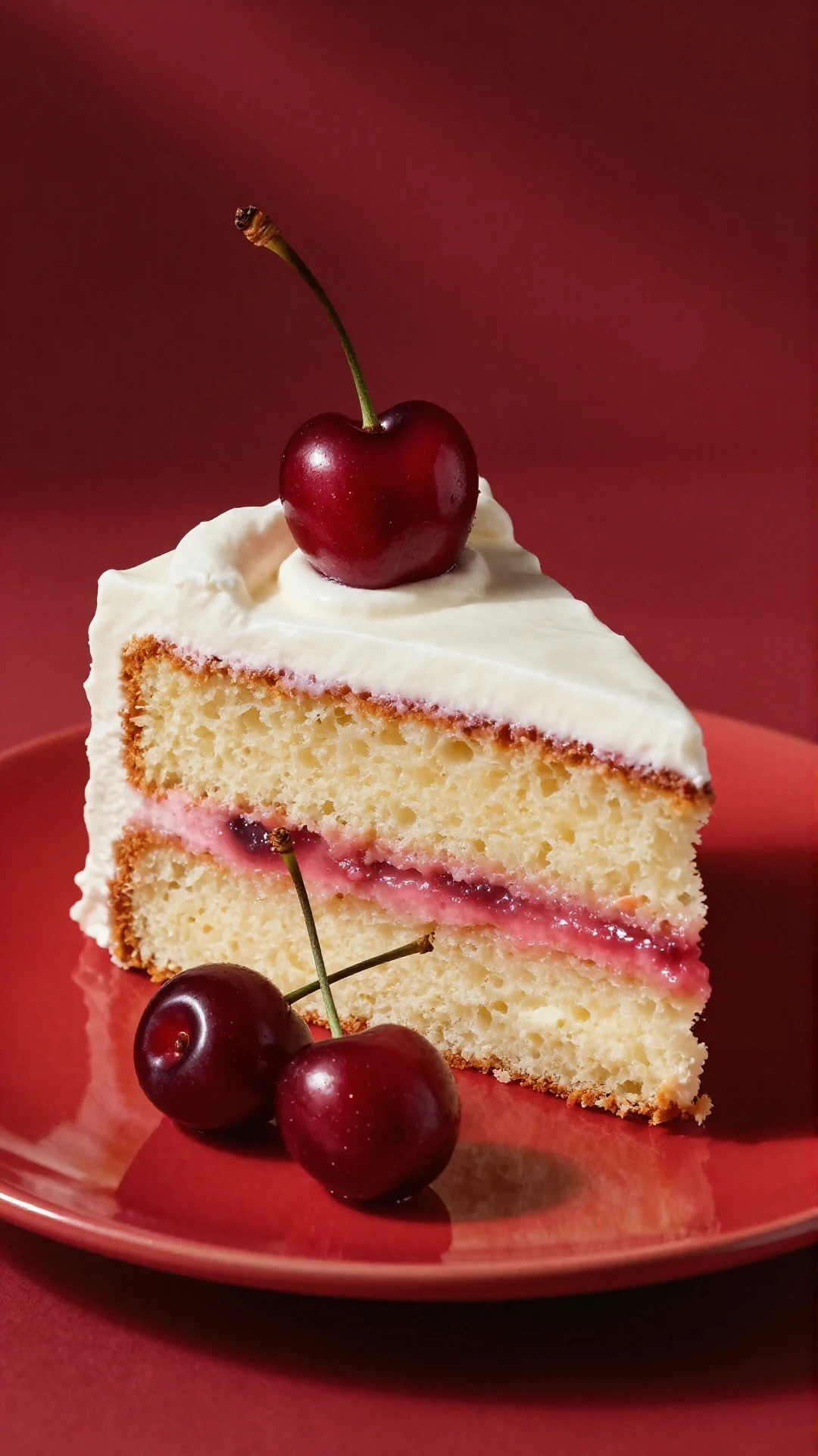 A slice of vanilla cake topped with cherries on a red plate with white frosting
