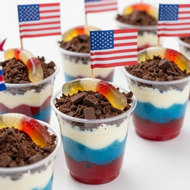A colorful dessert featuring red, white, and blue layers in a cup, decorated with whipped cream and berries.