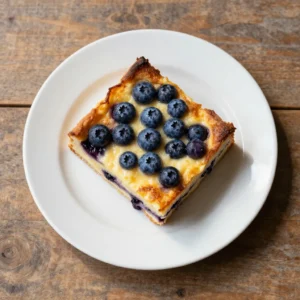 A delicious blueberry buttermilk pancake casserole served on a white plate with fresh blueberries on top