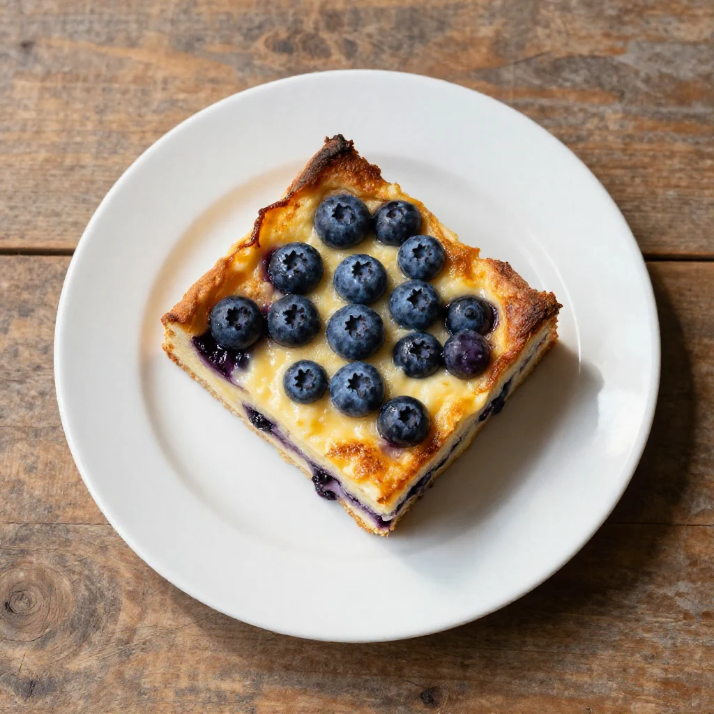 A delicious blueberry buttermilk pancake casserole served on a white plate with fresh blueberries on top