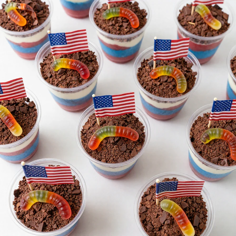 A colorful dessert featuring red, white, and blue layers in a cup, decorated with whipped cream and berries.
