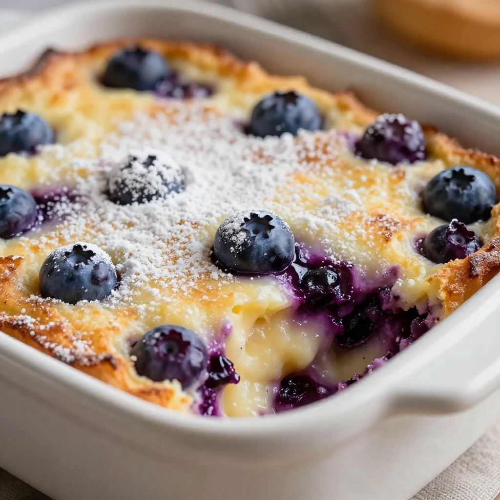 A delicious blueberry buttermilk pancake casserole served on a white plate with fresh blueberries on top