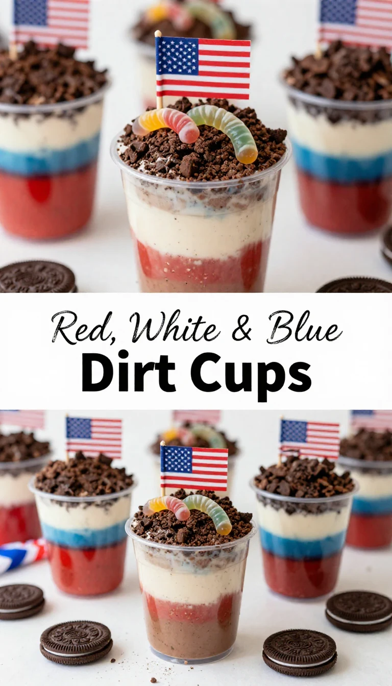 A colorful dessert featuring red, white, and blue layers in a cup, decorated with whipped cream and berries.
