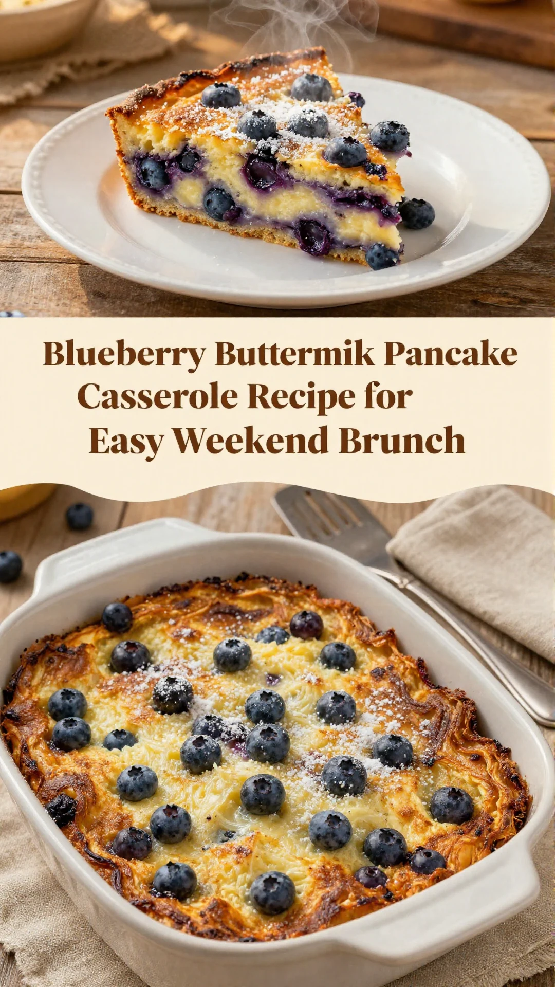 A delicious blueberry buttermilk pancake casserole served on a white plate with fresh blueberries on top