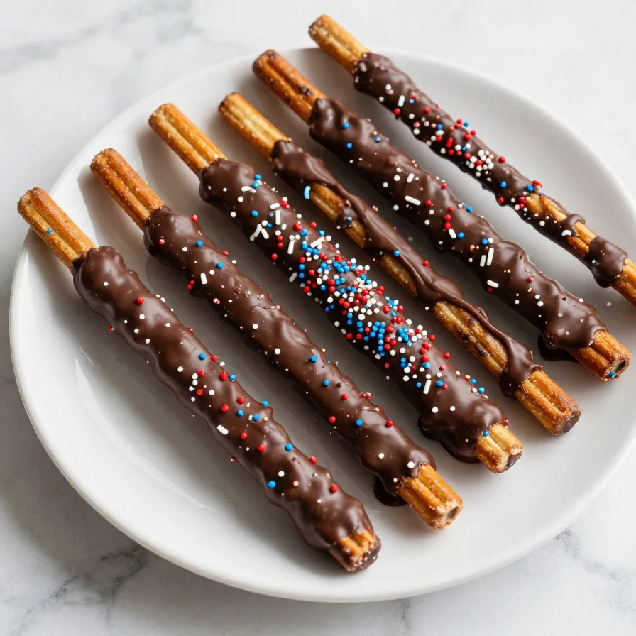 Decorated pretzel rods in red, white, and blue for 4th of July celebration