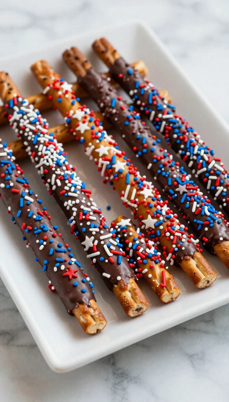Decorated pretzel rods in red, white, and blue for 4th of July celebration