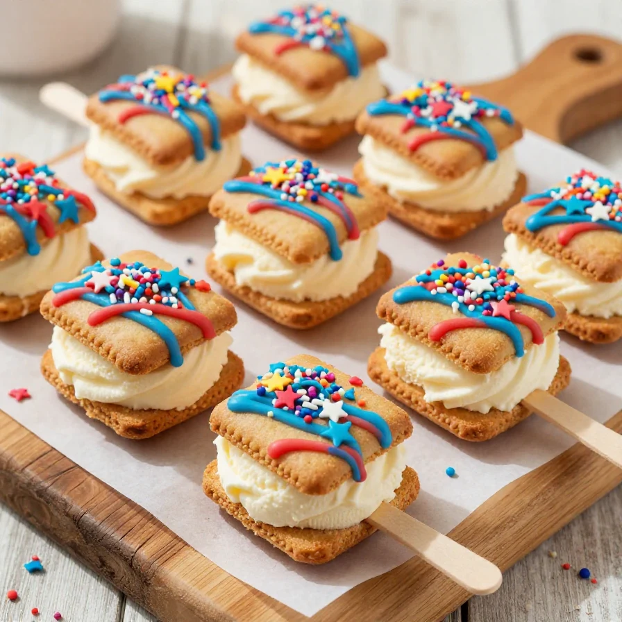 Colorful mini ice cream sandwich pops decorated in red, white, and blue for a patriotic celebration