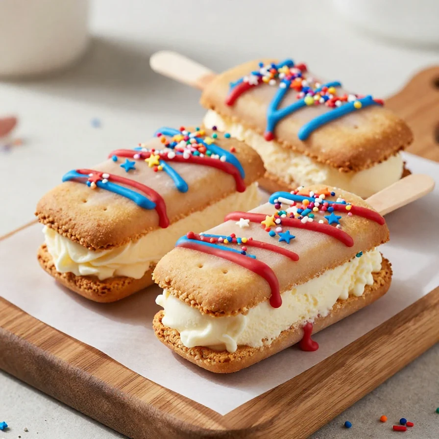 Colorful mini ice cream sandwich pops decorated in red, white, and blue for a patriotic celebration