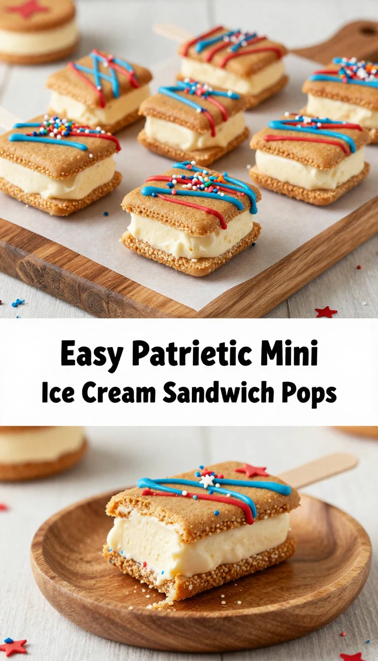 Colorful mini ice cream sandwich pops decorated in red, white, and blue for a patriotic celebration