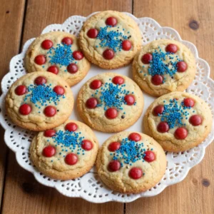 A close-up of colorful Fireworks Cookies Cream Cookies decorated with sprinkles