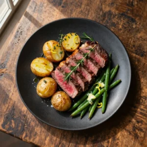 A beautifully set dinner table for Father's Day featuring grilled steak and fresh vegetables