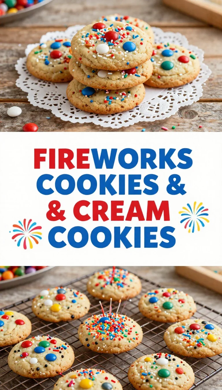 A close-up of colorful Fireworks Cookies Cream Cookies decorated with sprinkles