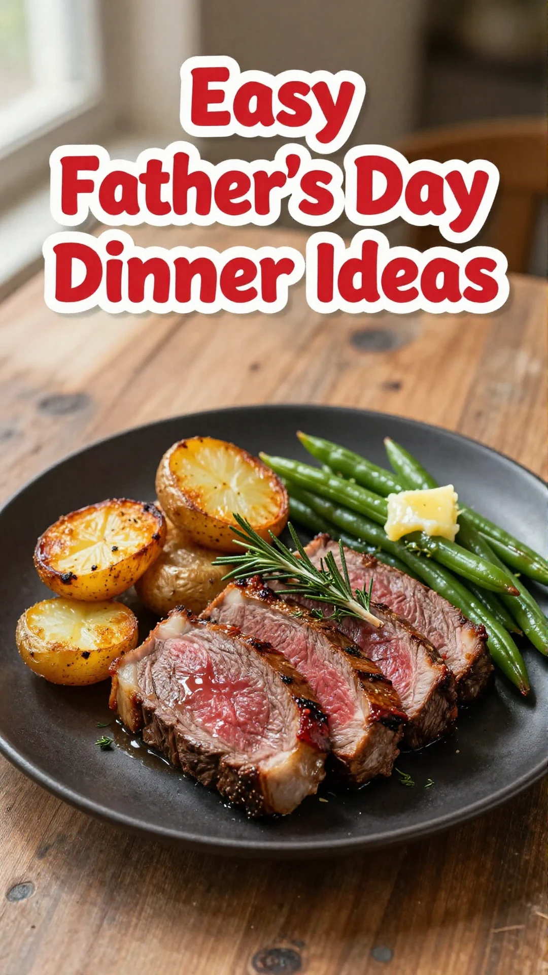 A beautifully set dinner table for Father's Day featuring grilled steak and fresh vegetables