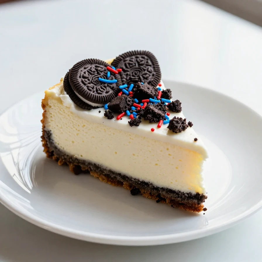 A delicious slice of No-Bake Fireworks Oreo Cheesecake Bars topped with colorful sprinkles