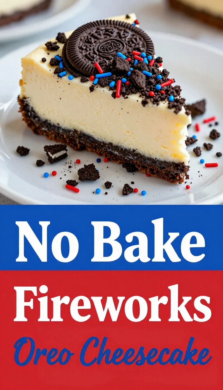 A delicious slice of No-Bake Fireworks Oreo Cheesecake Bars topped with colorful sprinkles