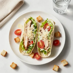 A delicious Chicken Caesar wrap filled with fresh greens and creamy dressing, served on a wooden cutting board