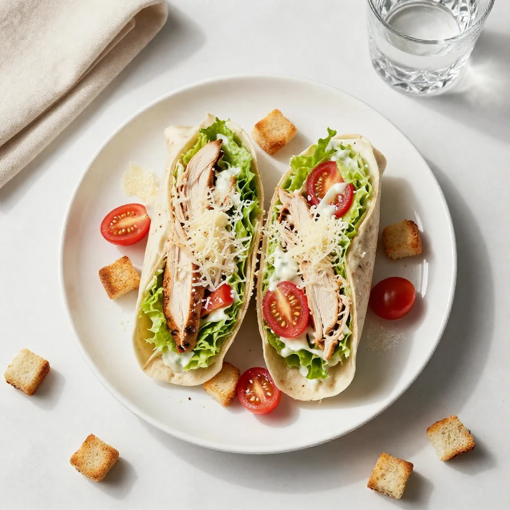 A delicious Chicken Caesar wrap filled with fresh greens and creamy dressing, served on a wooden cutting board