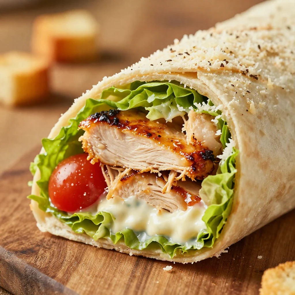 A delicious Chicken Caesar wrap filled with fresh greens and creamy dressing, served on a wooden cutting board