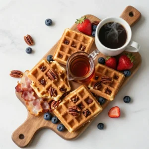 A plate of whole wheat mini pecan waffles topped with fresh berries and maple syrup, perfect for a brunch celebration for Dad.