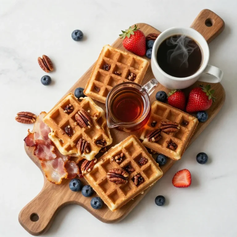 A plate of whole wheat mini pecan waffles topped with fresh berries and maple syrup, perfect for a brunch celebration for Dad.