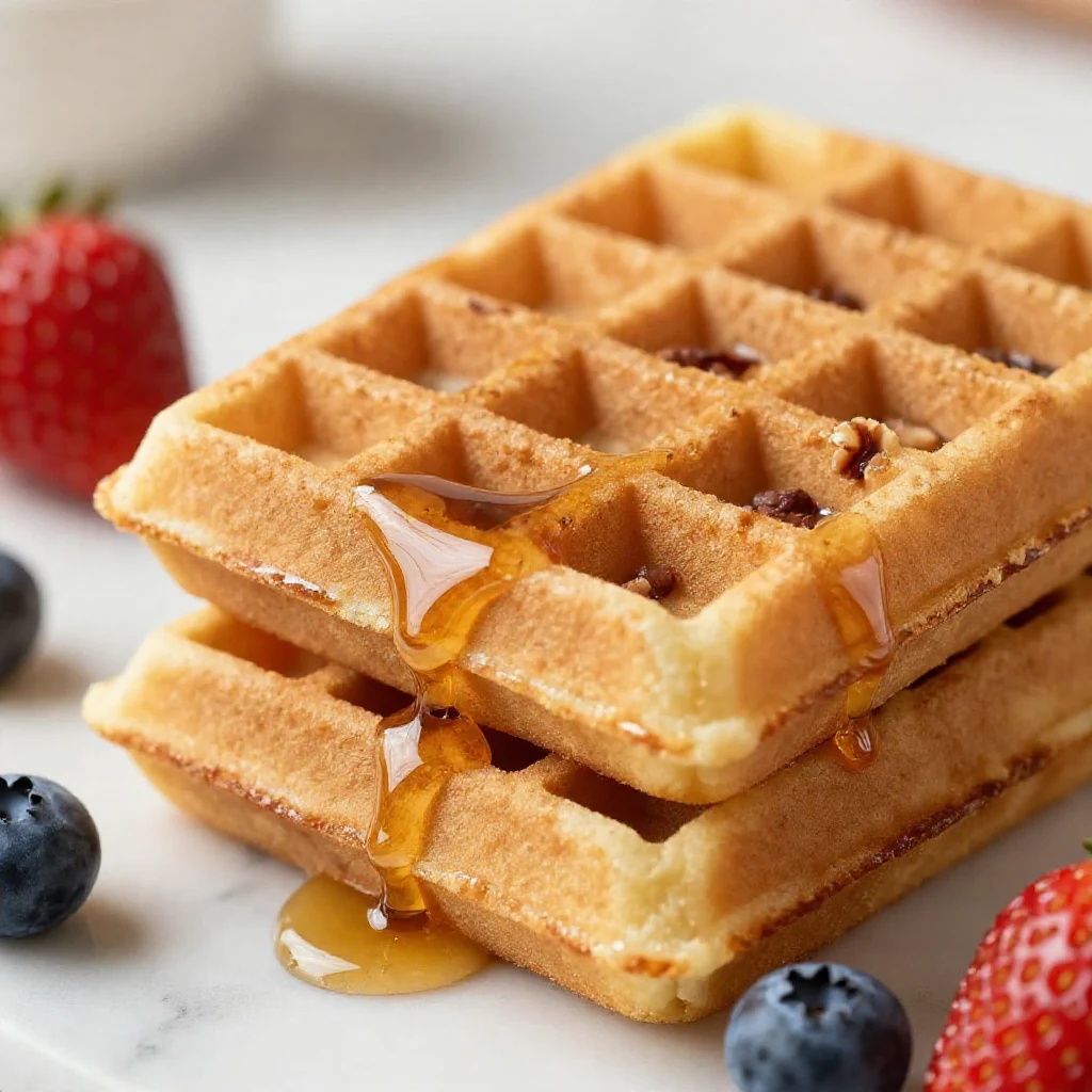 A plate of whole wheat mini pecan waffles topped with fresh berries and maple syrup, perfect for a brunch celebration for Dad.