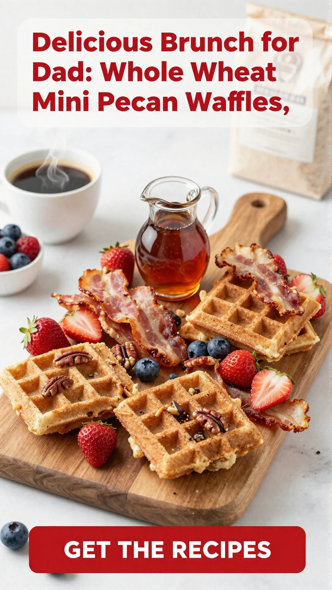 A plate of whole wheat mini pecan waffles topped with fresh berries and maple syrup, perfect for a brunch celebration for Dad.