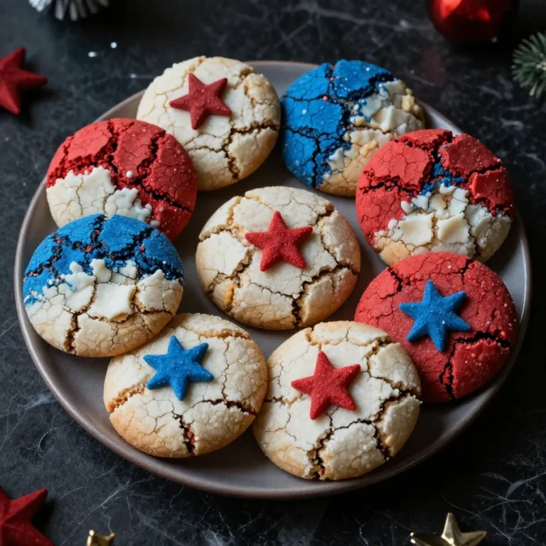 A plate of colorful patriotic crinkle cookies decorated with red, white, and blue powdered sugar