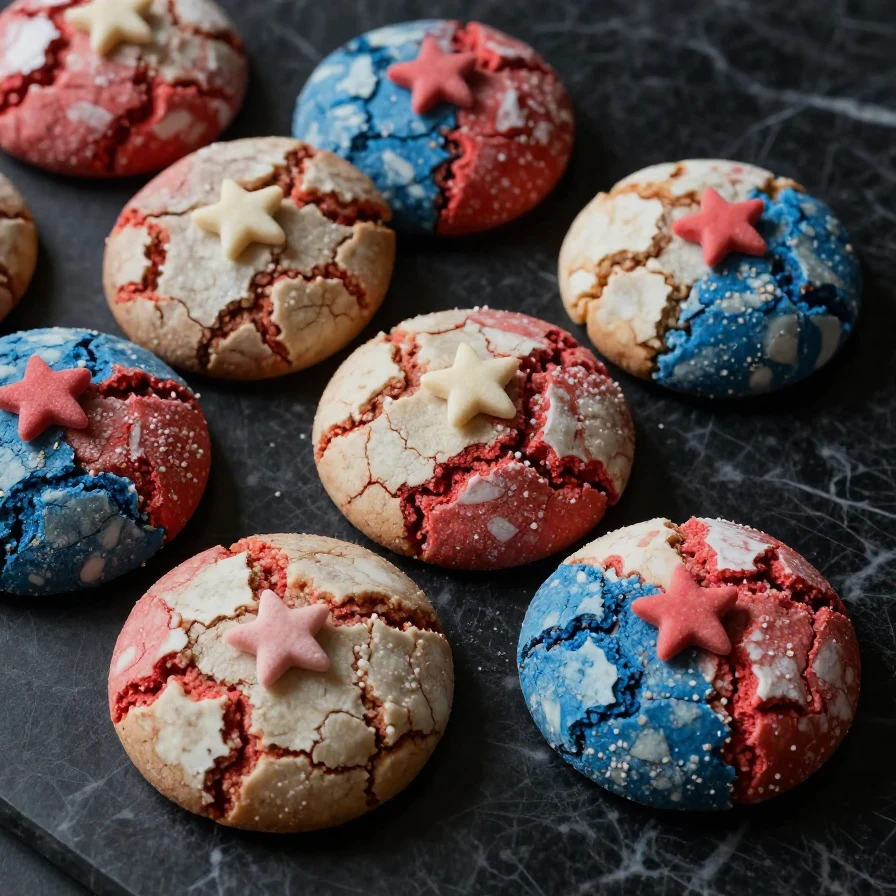 A plate of colorful patriotic crinkle cookies decorated with red, white, and blue powdered sugar