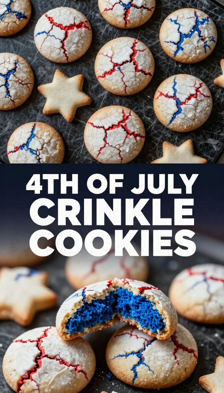 A plate of colorful patriotic crinkle cookies decorated with red, white, and blue powdered sugar