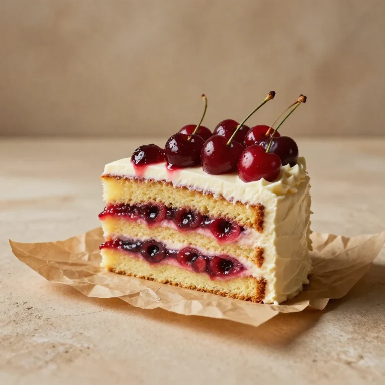 A watercolor illustration of a vintage cherry cake surrounded by cherries and flowers