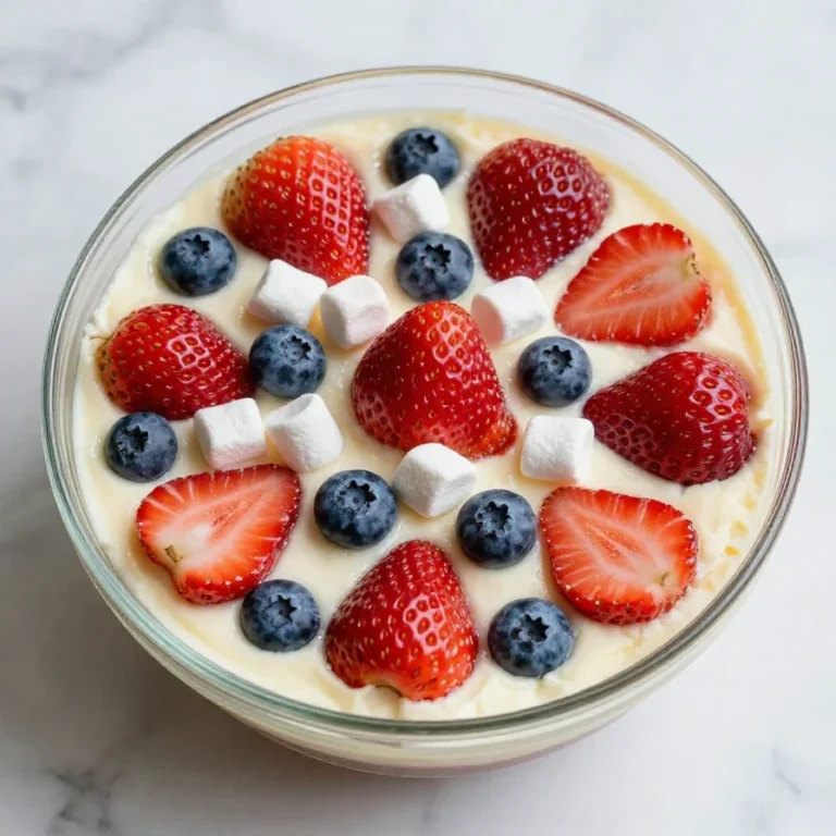 A vibrant red white and blue cheesecake salad featuring strawberries, blueberries, and creamy cheesecake dressing.