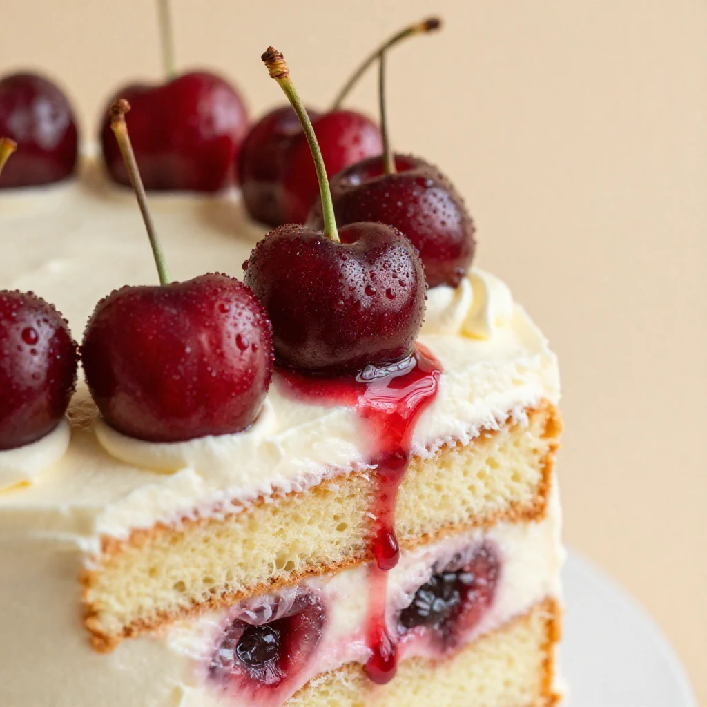 A watercolor illustration of a vintage cherry cake surrounded by cherries and flowers
