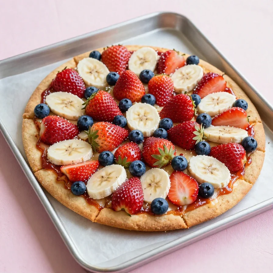 A colorful flag fruit pizza topped with fresh berries and cream cheese frosting, displayed on a wooden table.