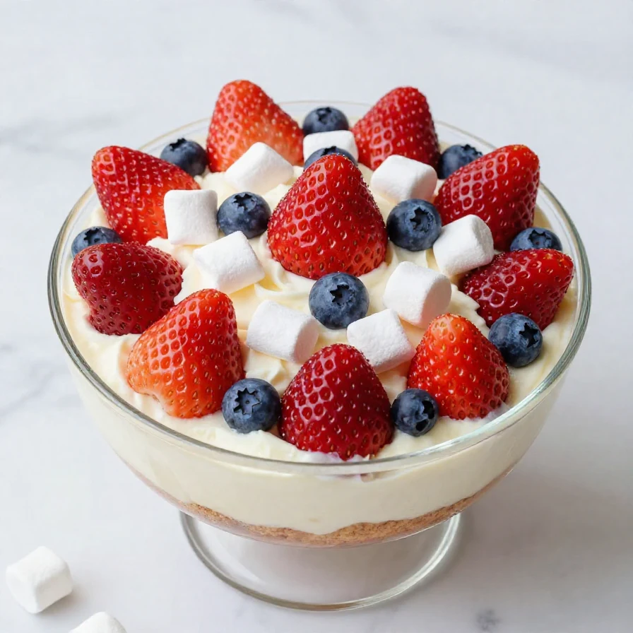 A vibrant red white and blue cheesecake salad featuring strawberries, blueberries, and creamy cheesecake dressing.