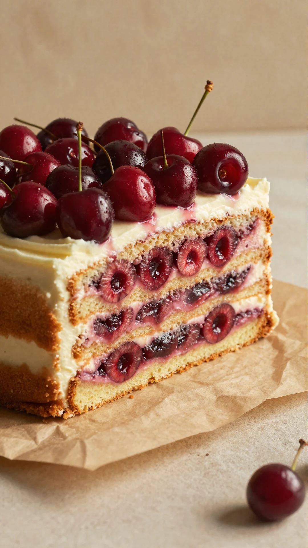 A watercolor illustration of a vintage cherry cake surrounded by cherries and flowers