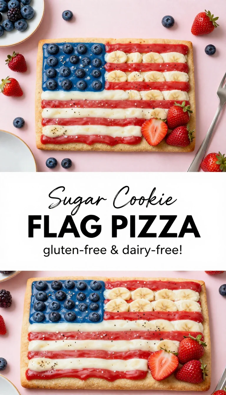 A colorful flag fruit pizza topped with fresh berries and cream cheese frosting, displayed on a wooden table.