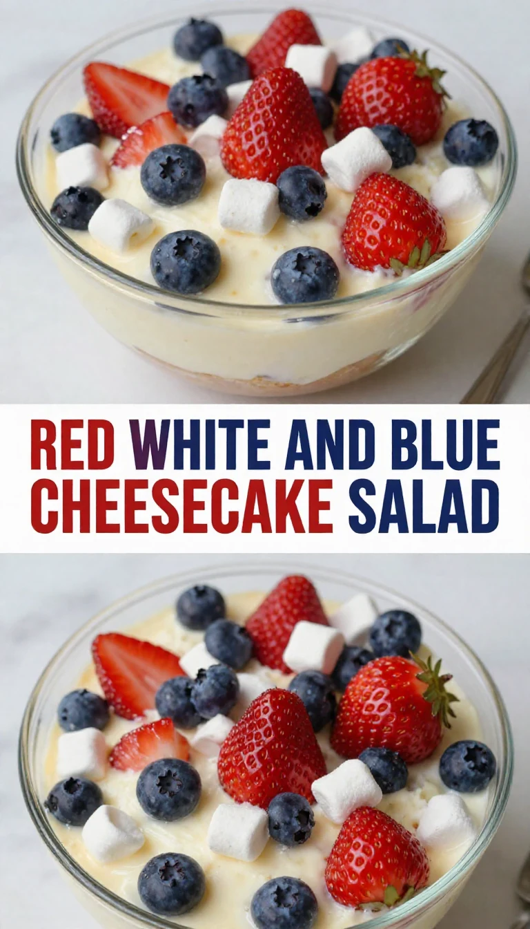 A vibrant red white and blue cheesecake salad featuring strawberries, blueberries, and creamy cheesecake dressing.
