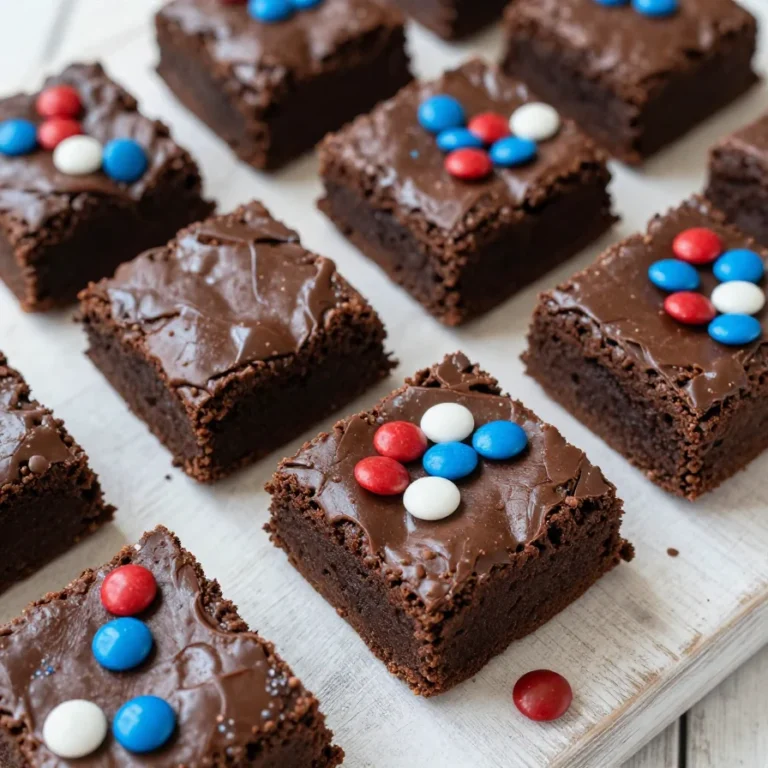 A delicious tray of red, white, and blue brownies decorated for 4th of July celebrations.