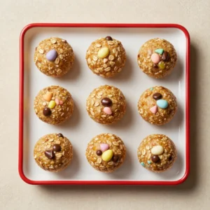 A close-up of Cadbury Egg Protein Balls arranged on a wooden platter with chocolate drizzle