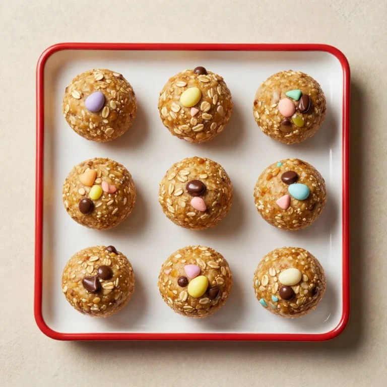 A close-up of Cadbury Egg Protein Balls arranged on a wooden platter with chocolate drizzle