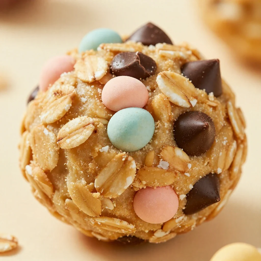 A close-up of Cadbury Egg Protein Balls arranged on a wooden platter with chocolate drizzle