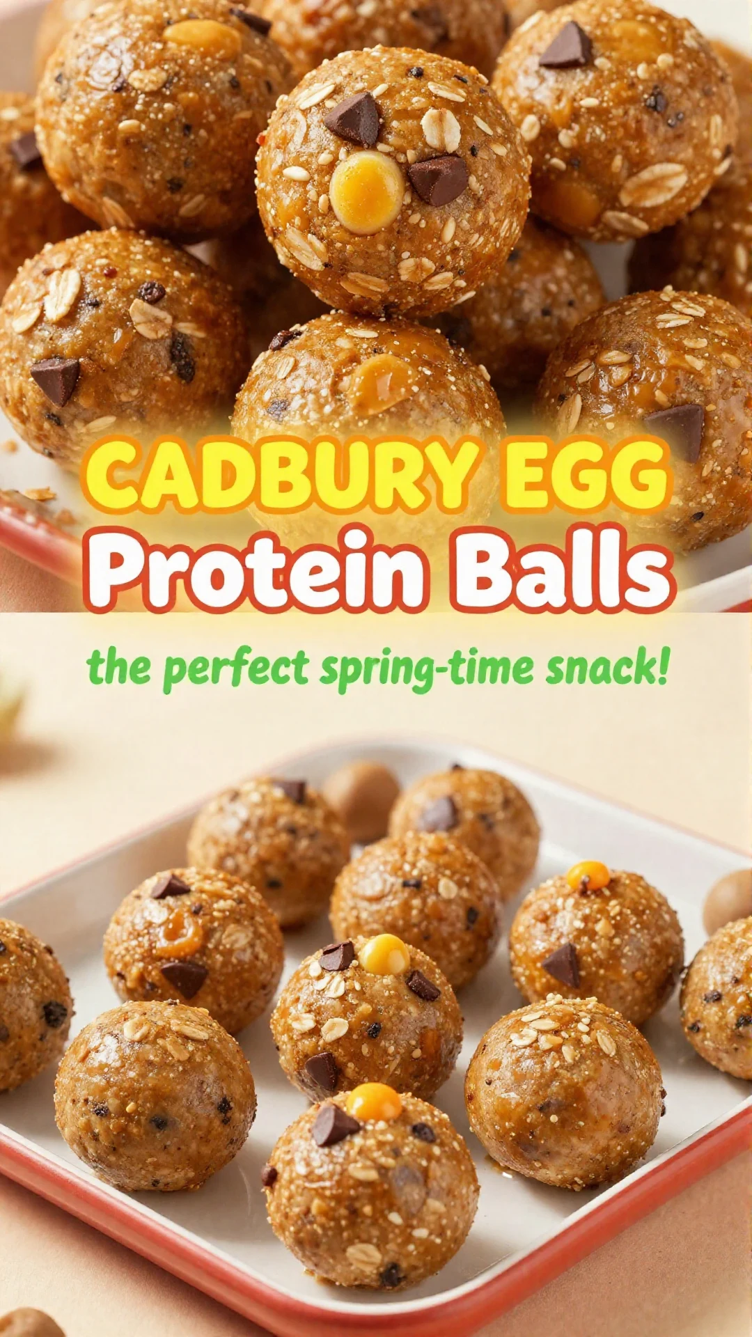 A close-up of Cadbury Egg Protein Balls arranged on a wooden platter with chocolate drizzle