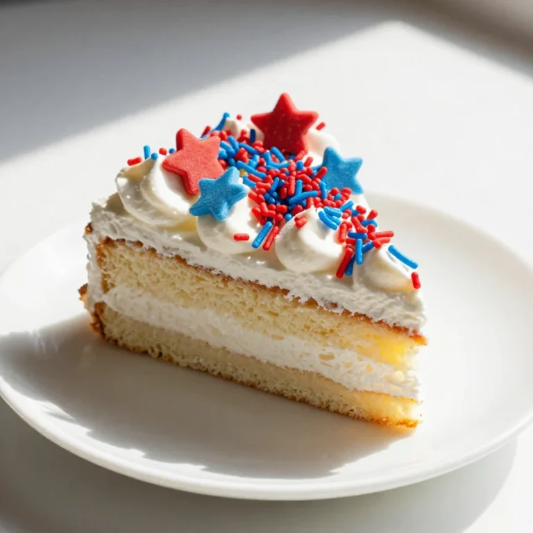 A vibrant patriotic poke cake decorated with red, white, and blue frosting and fresh berries.