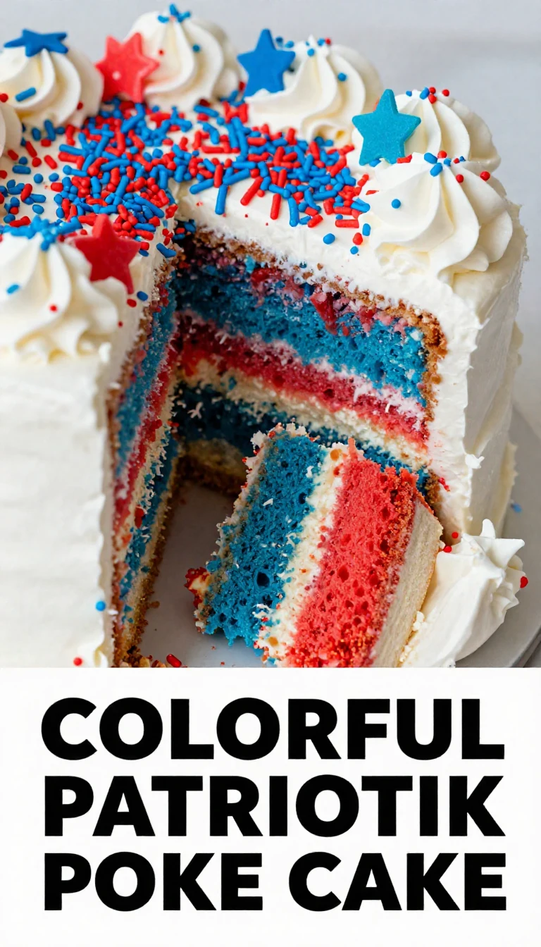 A vibrant patriotic poke cake decorated with red, white, and blue frosting and fresh berries.