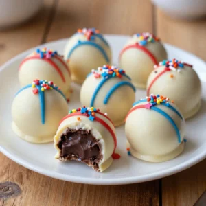 A close-up of red, white, and blue truffles decorated for the 4th of July