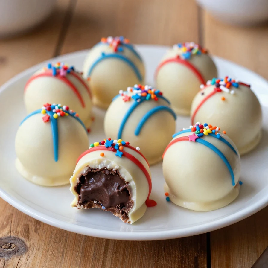 A close-up of red, white, and blue truffles decorated for the 4th of July