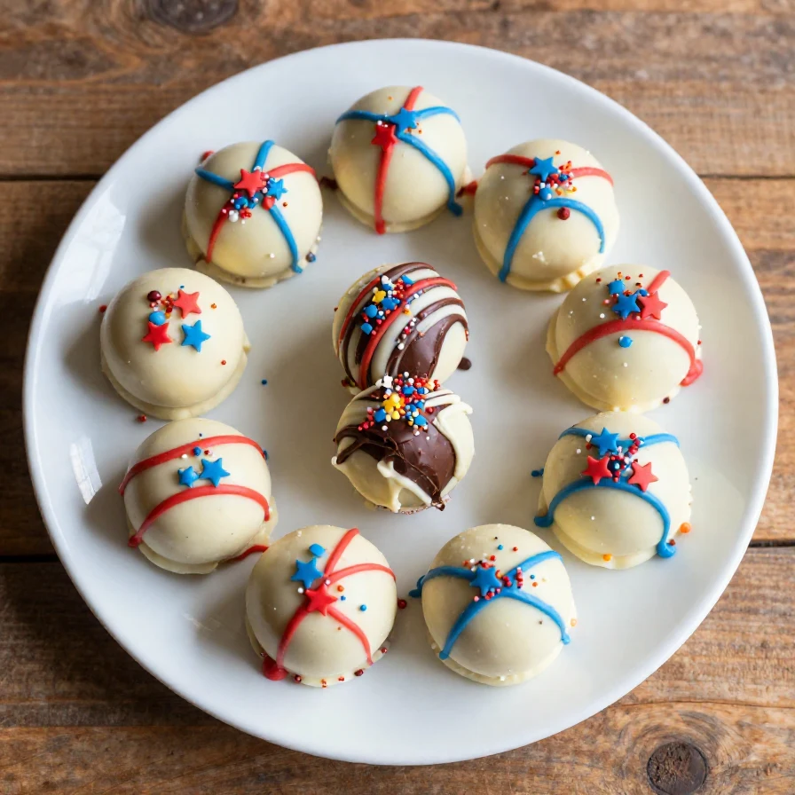 A close-up of red, white, and blue truffles decorated for the 4th of July