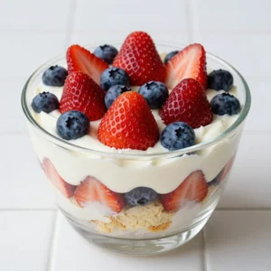 A colorful 4th of July trifle layered with strawberries, blueberries, and whipped cream in a glass bowl