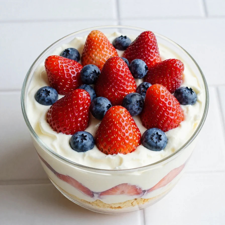 A colorful 4th of July trifle layered with strawberries, blueberries, and whipped cream in a glass bowl
